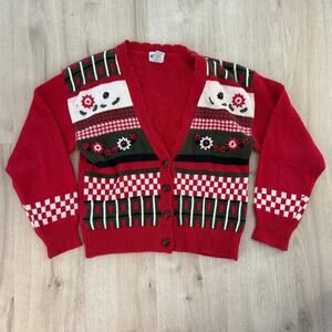 Koret Vintage 90's Red Checkered Floral Christmas Cardigan Sweater Size Small
